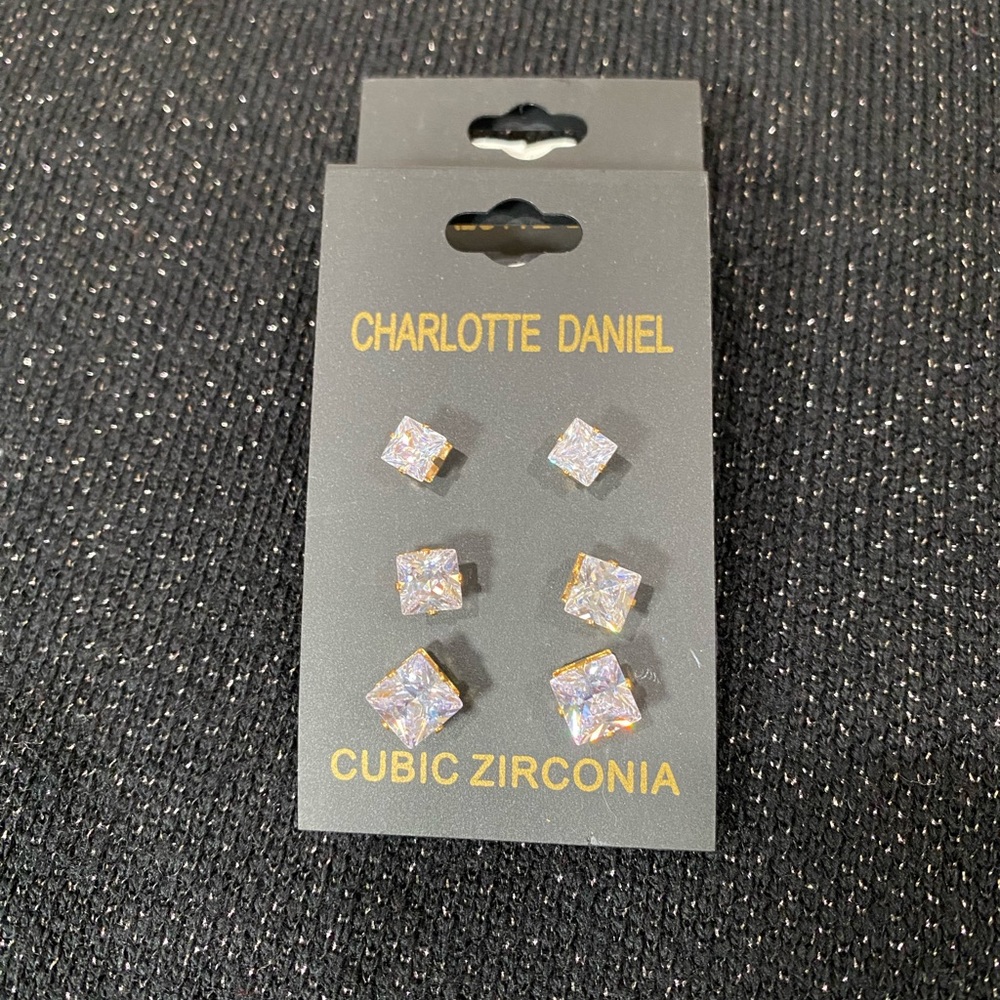 New With Tags 3 Pack Cubic Zirconia Square Stud Earrings